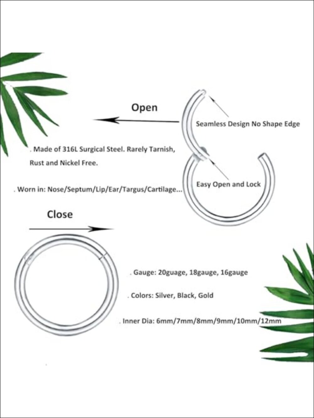 316L Surgical Steel Clicker Nose Ring Hoops 6mm-12mm 18G Body Piercing Jewelry - Picture 3 of 5